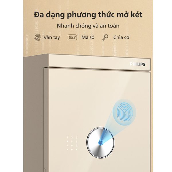 Két sắt Philips SBX602 Tích hợp công nghệ nhận diện vân tay hiện đại, giúp mở két nhanh chóng và an toàn.