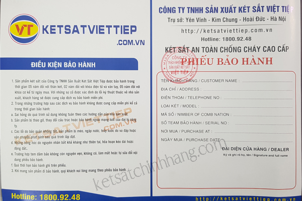 Phiếu bảo hành két săt Việt tiệp chính hãng