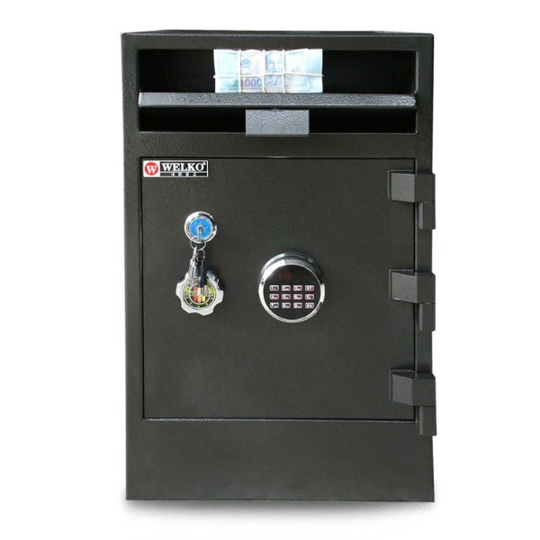 Két sắt có khe bỏ tiền thu ngân Welko KW90E điện tử an toàn với vít bắt cố định vào tủ hoặc vào tường