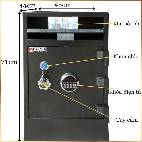 Kích thước Két sắt có khe bỏ tiền thu ngân Welko KW90E điện tử