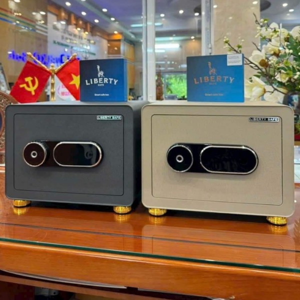 Két sắt Liberty LB30S mini thông minh vân tay màu xanh xám và be gold