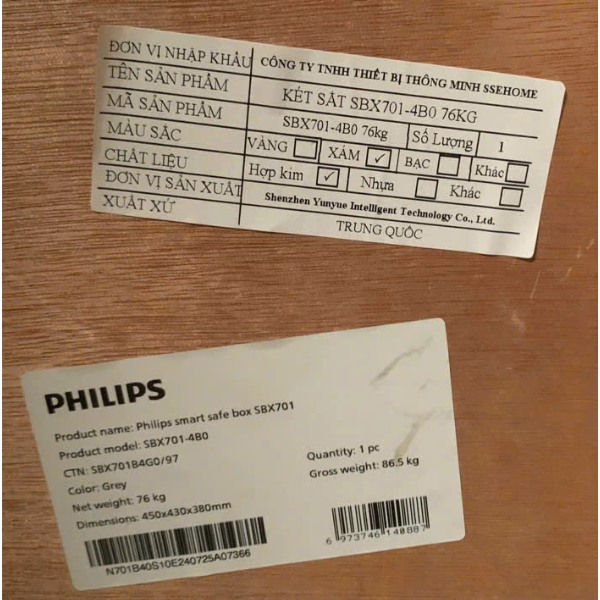 Két sắt Philips SBX701-4B0 ( model thông số két sắt trên pallet gỗ)