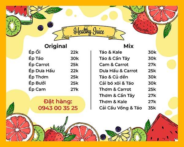 menu nước ép