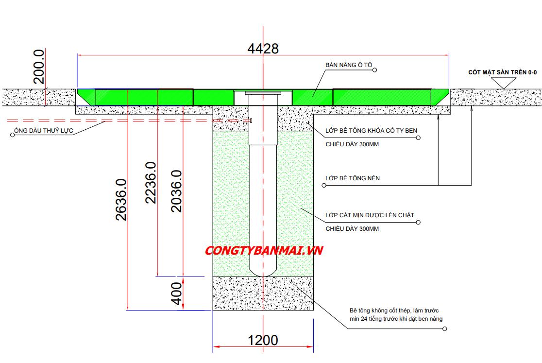 kích thướng móng cầu nâng 1 trụ rửa xe