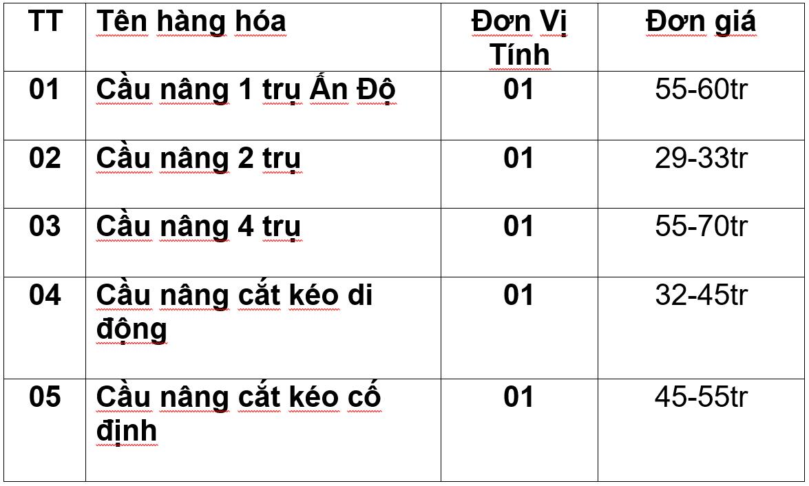 bảng giá bán cầu nâng ô tô năm 2024