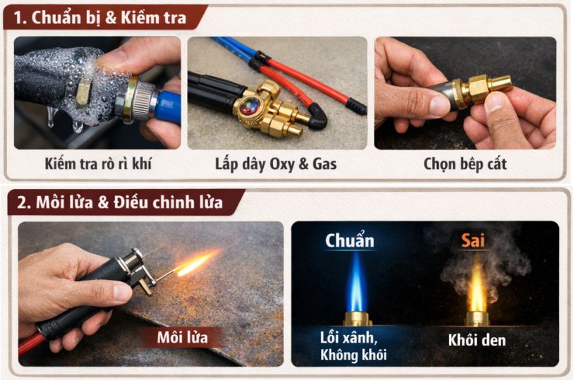 Bước 1-Lắp đặt béc cắt và Bước2 mở khí gas trước