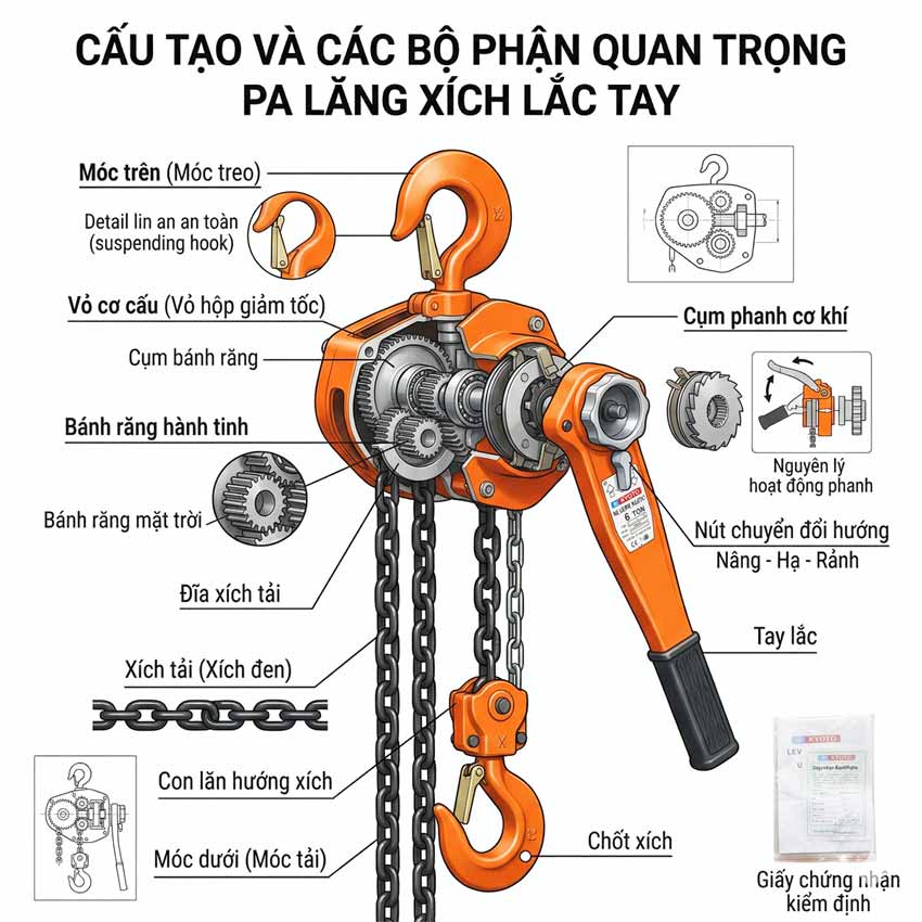 Cấu tạo và các bộ phận quan trọng Pa lăng xích lắc tay
