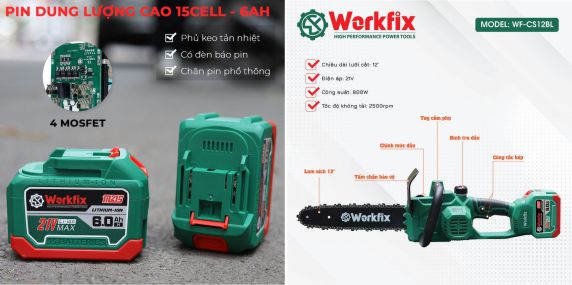Đặc điểm kỹ thuật máy cưa xích chạy Pin Workfix