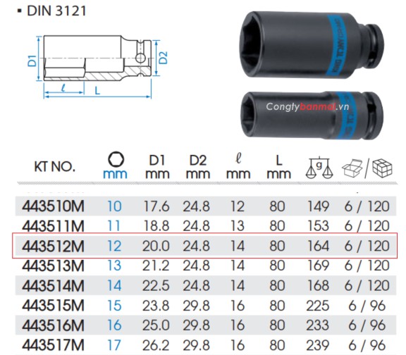 đầu khẩu tuýp đen 12mm - 1/2 inch Kingtony