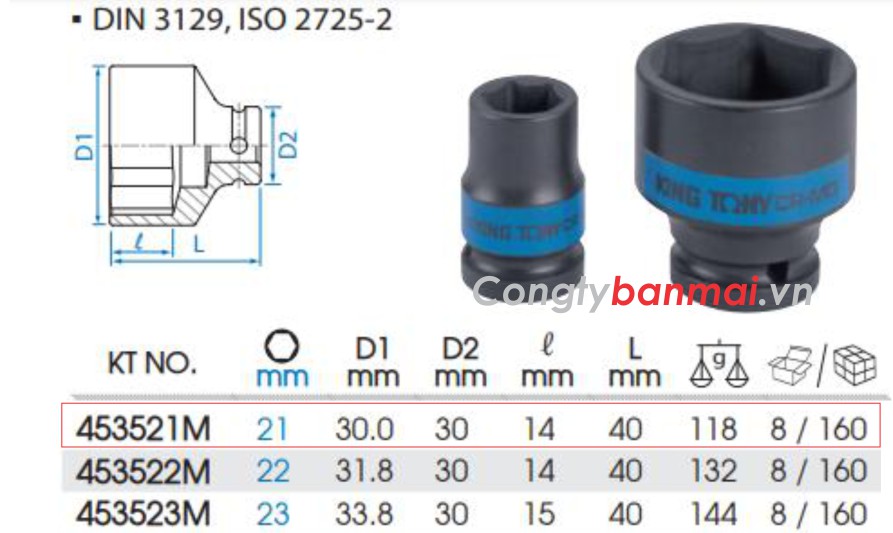 khẩu tuýp 21mm 1/2 inch đen kingtony, đầu khẩu 1/2 inch 21mm, tuýp khẩu 21mm 1/2 inch