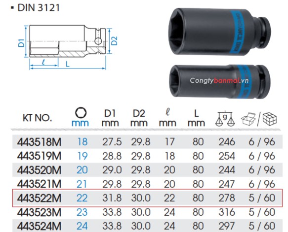 đầu khẩu tuýp đen 22mm - 1/2 inch Kingtony