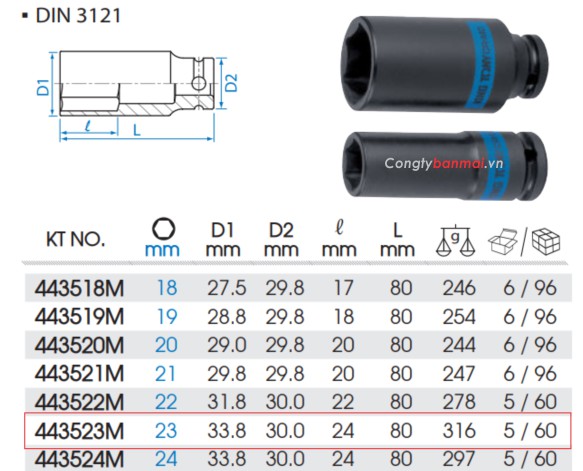 đầu khẩu tuýp đen 23mm - 1/2 inch Kingtony