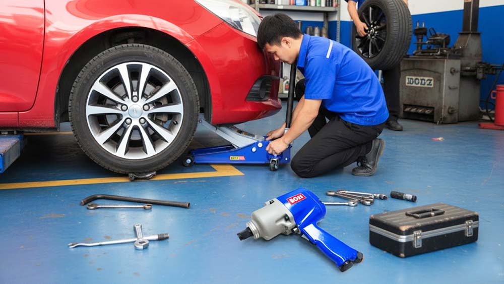 hình ảnh kích cá sấu 3,5 tân đang sử dụng tại tiệm sửa chữa lốp xe hơi