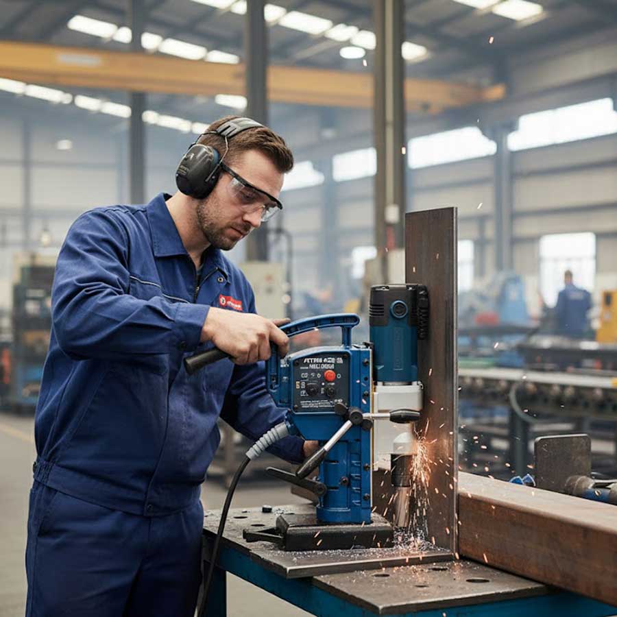 Hình ảnh máy khoan từ đang vận hành trong nhà máy cơ khí