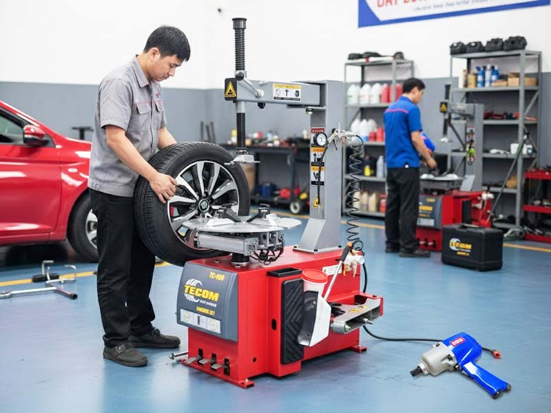 Hình ảnh máy ra vào lốp trong tiệm sửa chữa xe máy Honda