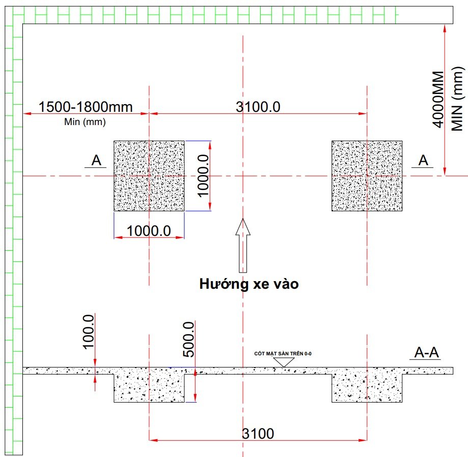 Sơ đồ móng cầu nâng 2 trụ