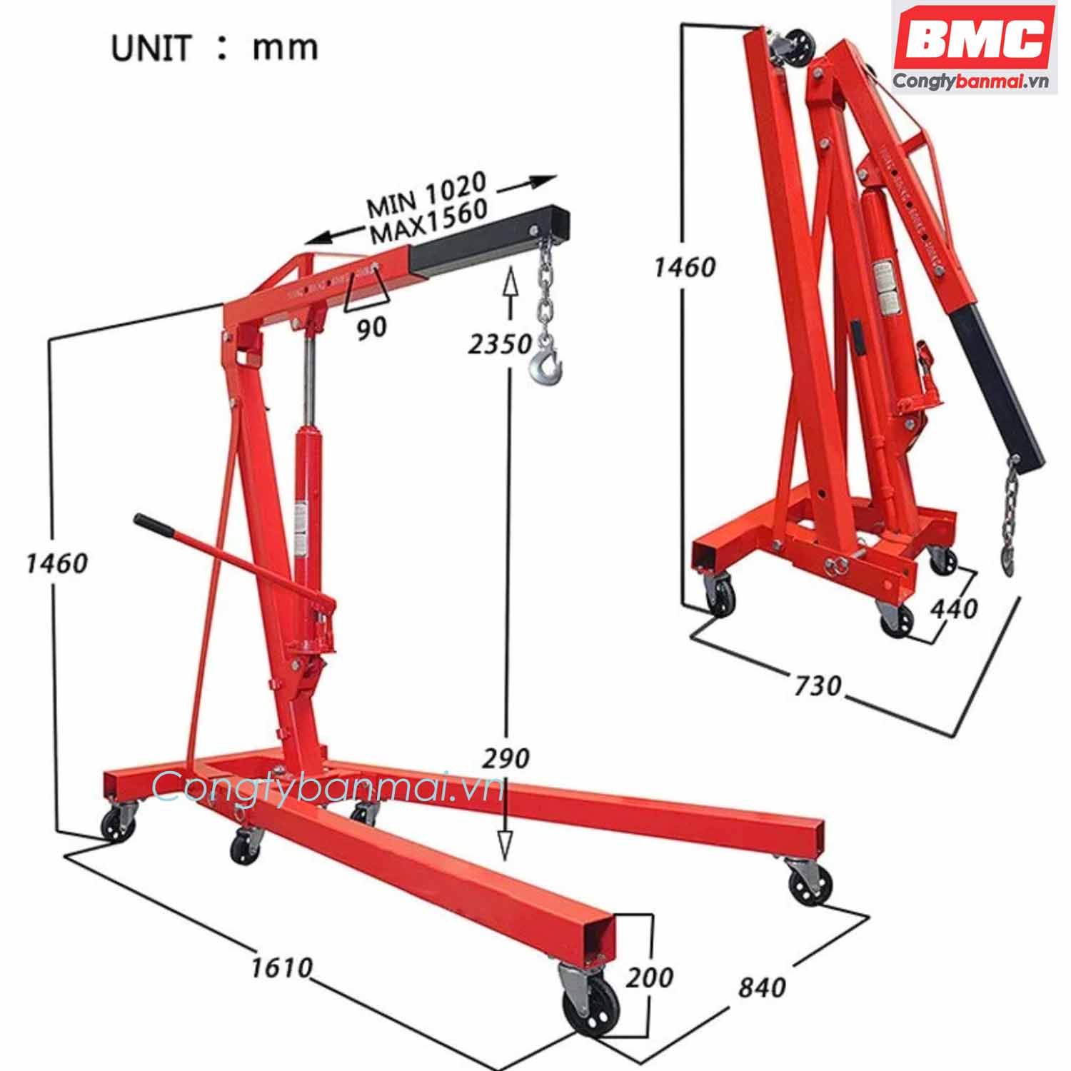 kích thước cẩu móc động cơ 2 tấn