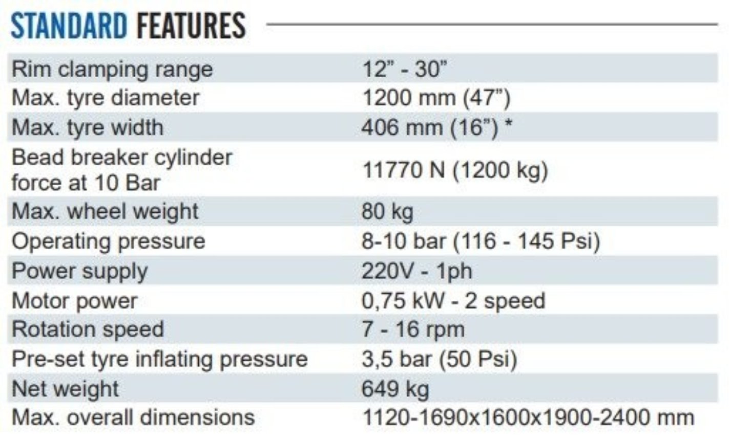 Thông số kỹ thuật của máy ra vào lốp tự động robot T-REC