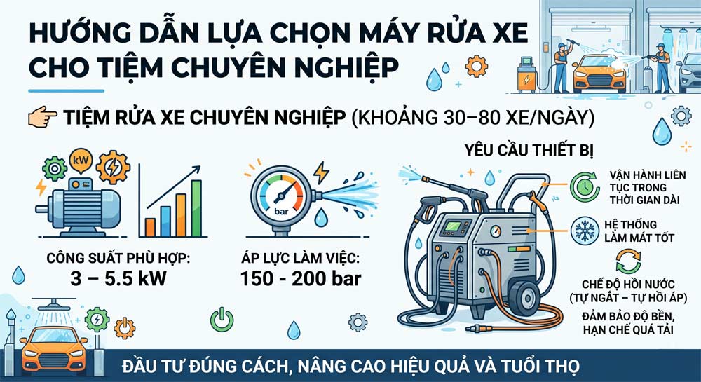 Tiệm rửa xe chuyên nghiệp (khoảng 30–80 xe/ngày)