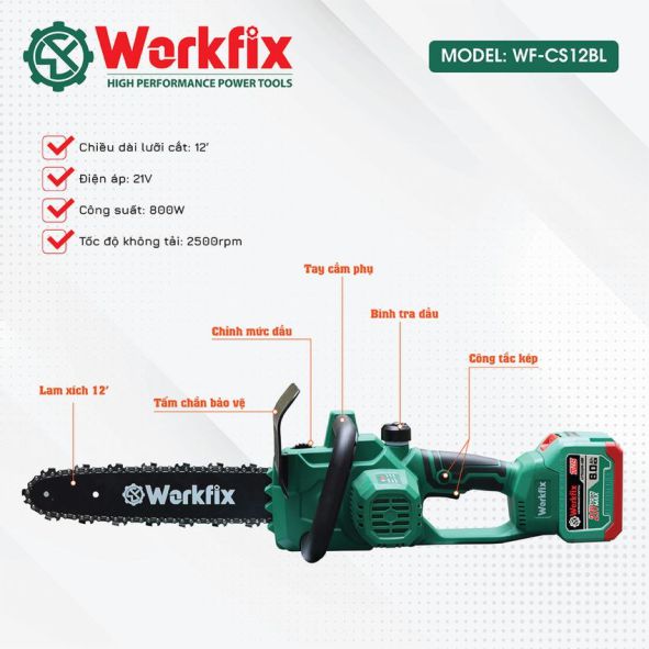 Cấu tạo máy cưa xích chạy Pin cầm tay Workfix WF-CS12BL