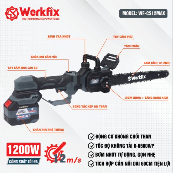 Cấu tạo máy cưa xích chạy Pin Workfix WF-CS12MAX