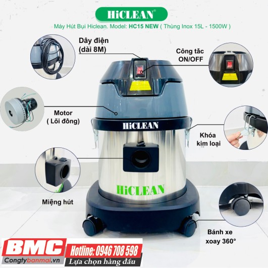 Cấu tạo hút bụi công nghiệp Hiclean 15 lít HC-15 New