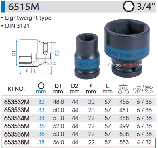 đầu khẩu tuýp đen 38mm - 3/4 inch Kingtony