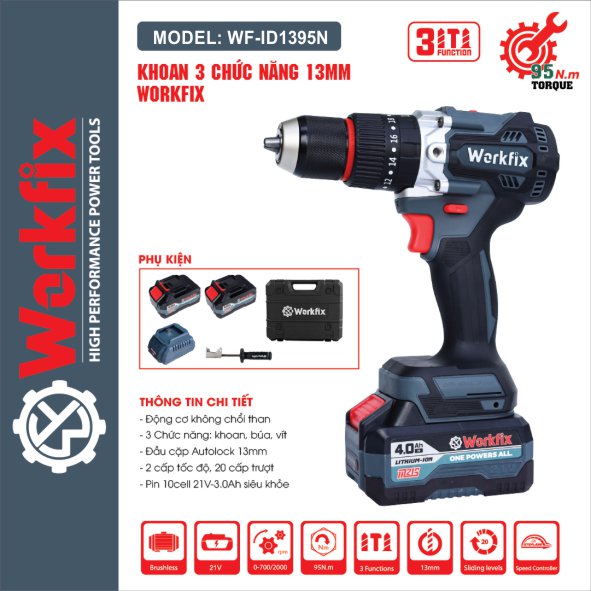 Địa chỉ uy tín mua máy khoan pin Workfix 13mm WF-ID1395N
