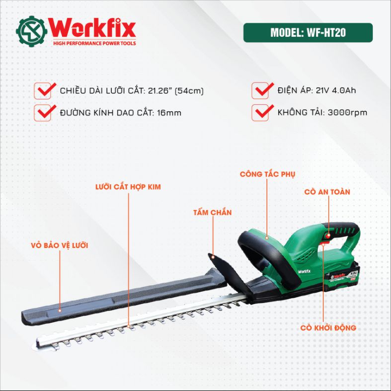 hình ảnh cấu tạo máy cắt tỉa hàn rào chạy Pin Workfix WF-HT20