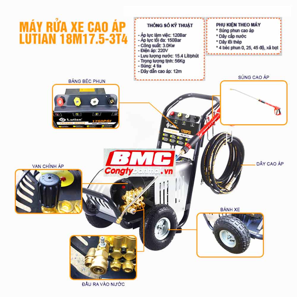 Hình ảnh máy rửa xe cao áp 3 kw Lutian 18M17.5-3T4