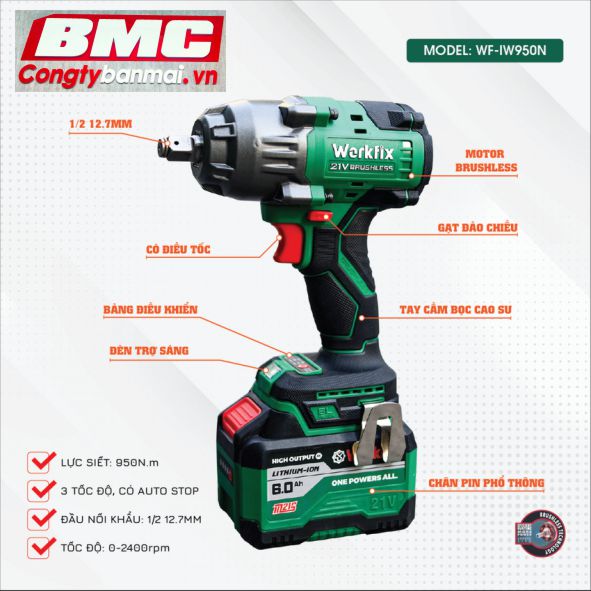 Hình ảnh máy siết bu lông dùng pin 1/2 inch Workfix WF-IW950N