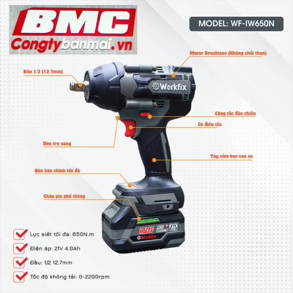 Hình ảnh máy siết bu lông pin 1/2 inch Workfix WF-IW650N
