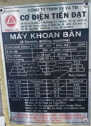 thông số kỹ thuật máy khoan bàn tiến đạt 1/2 HP-0.8m