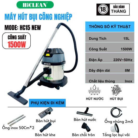 Hút bụi công nghiệp Hiclean 15 lít HC-15 New