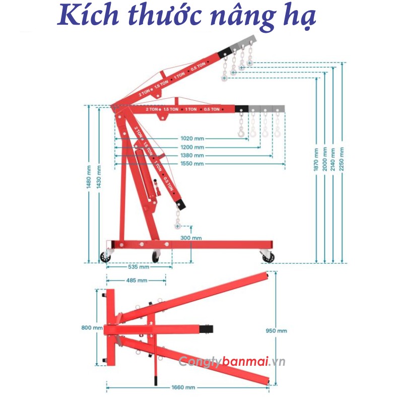 Kích thước cẩu móc động cơ 2 tấn