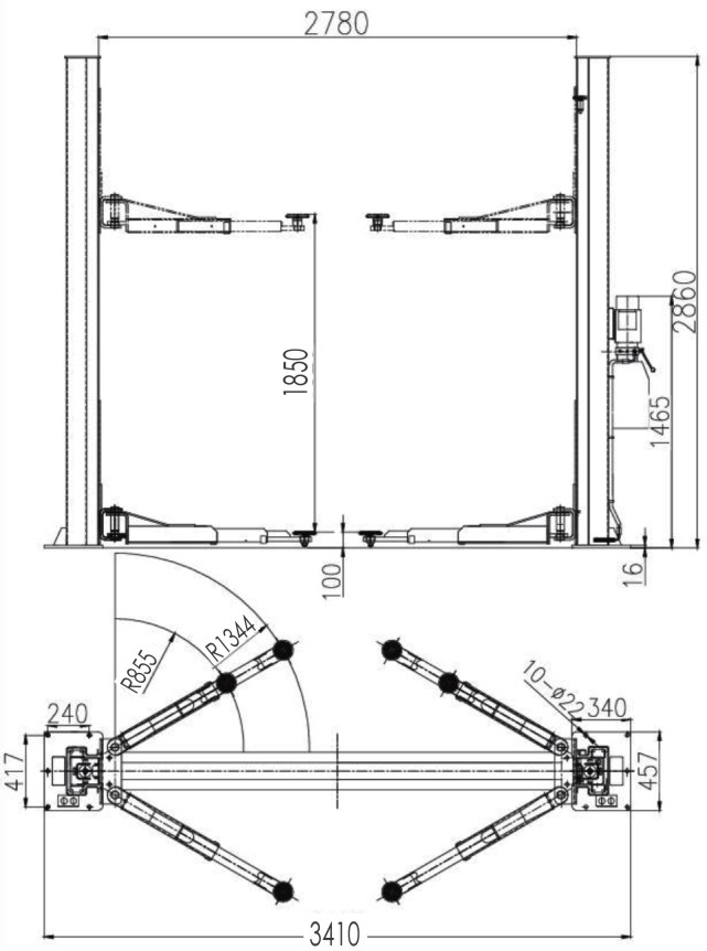 Kích thước cầu nâng 2 trụ 4 tấn AT-400Pro
