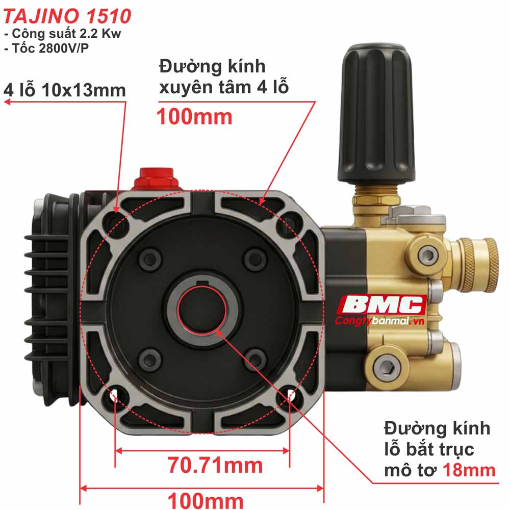Kích thước lắp đầu bơm rửa xe Tajino 1510 công suất 2,2 Kw
