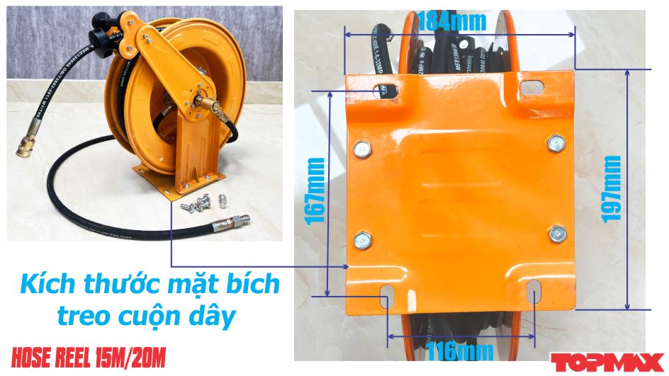 Kích thước mặt bích lắp cuộn dây rửa xe tự rút Topmax 20 mét 2 lõi thép
