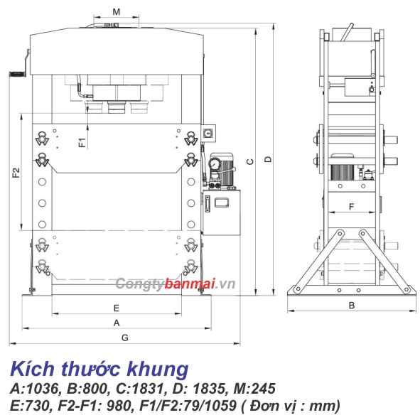 Kich thước máy 50 thuỷ lực 50 tấn dùng điện hj0881