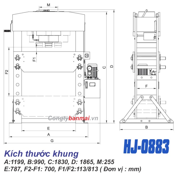 Kich thước máy ép thuỷ lực 100 tấn dùng điện HJ0883