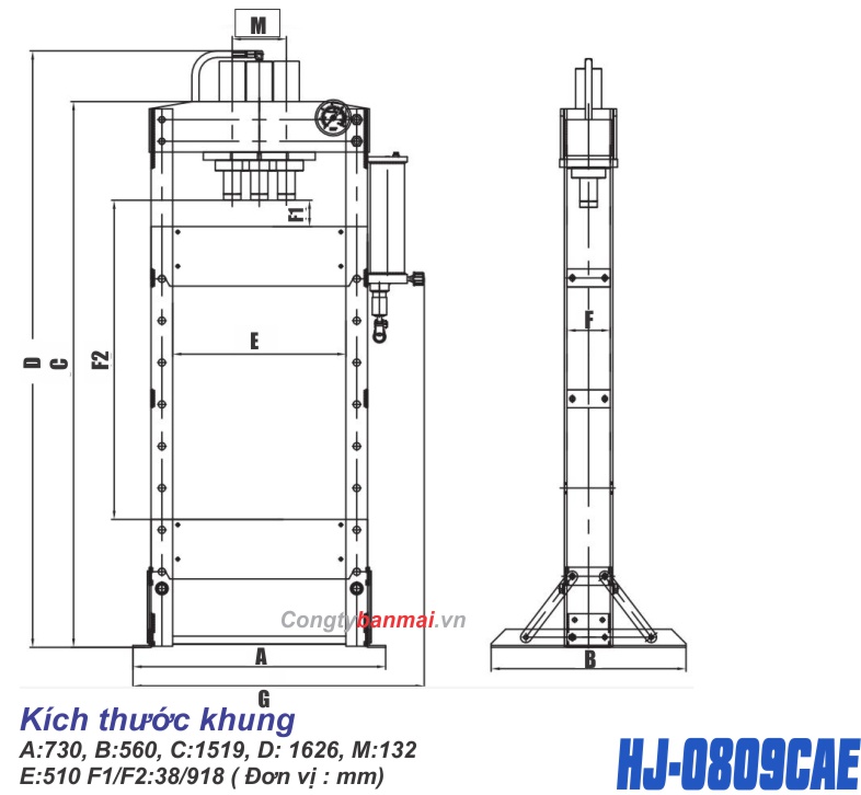 kích thước máy ép thủy lực 20 tấn HJ0809CEA dùng khí nén