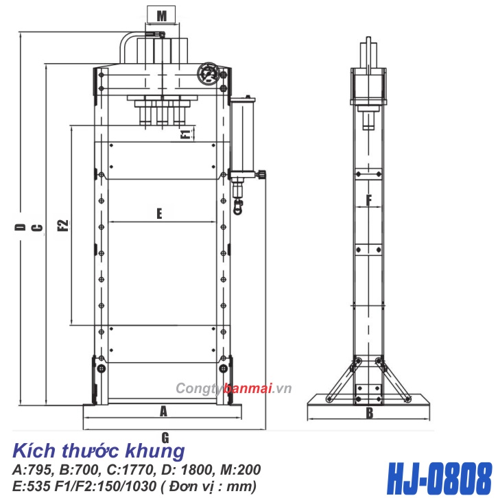kích thước máy ép thủy lực 30 tấn HJ0808CEA dùng khí nén