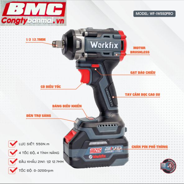 Máy bắt ốc dùng pin Workfix 1/2 inch WF-IW550PRO