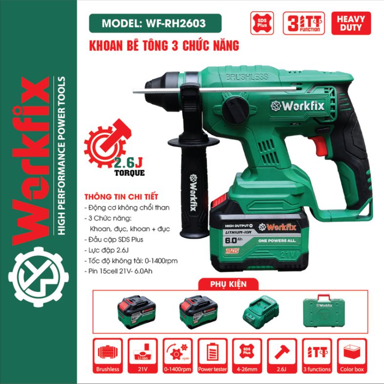 Máy khoan bê tông 3 chức năng dùng Pin Workfix WF-RH2603