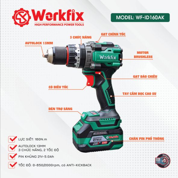 Máy khoan cầm tay dùng Pin Workfix WF-ID160AK