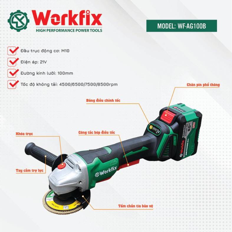 Máy mài góc cầm tay dùng Pin Workfix WF-AG100B