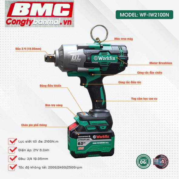 Máy mở bu lông pin Workfix 3/4 inch WF-IW2100N