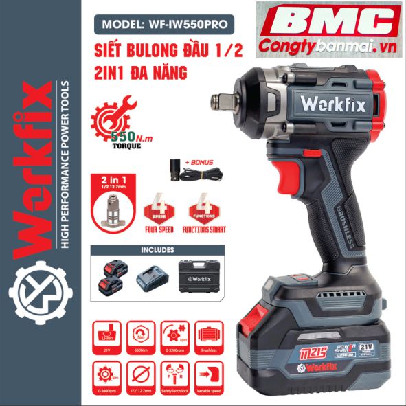 Máy siết bu lông dùng pin 1/2 inch Workfix WF-IW550PRO