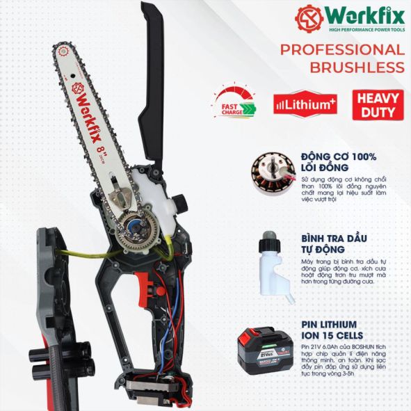 mô tả về máy cưa xích chạy Pin Workfix WF-CS08BL