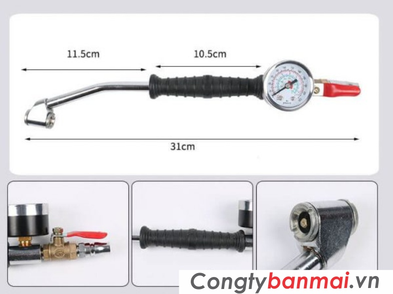tay bơm lốp nhanh đầu cong có đồng hồ đo áp suất vỏ lốp